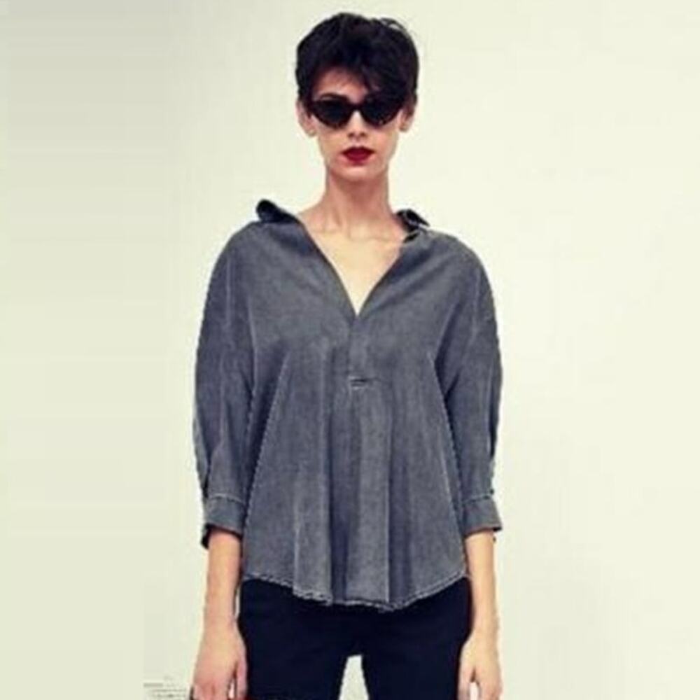 ZARA Women's Lyocell Popover Top Blouse Size S Denim Blue 3/4 Sleeve Oversized